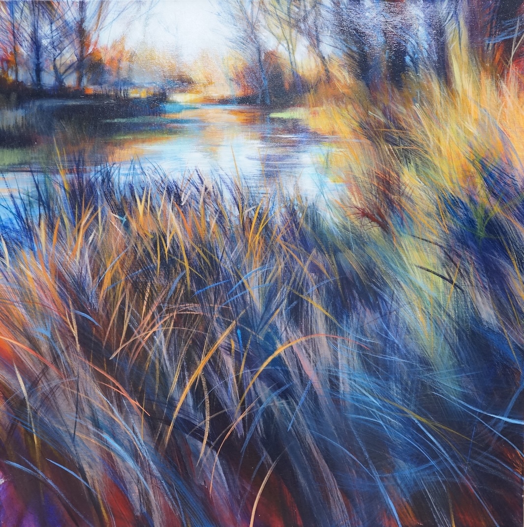 Nick Andrew (b.1957), ‘Linqvera’, Reeds in river landscape, signed and dated 2010, acrylic on canvas, unframed, 81 x 81cm